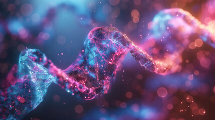 Glowing DNA spiral structure on abstract background