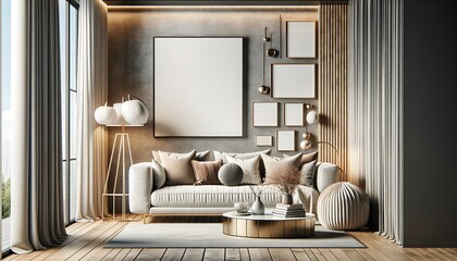 Naklejka premium Frame mockup, ISO A paper size. Living room wall poster mockup. Interior mockup with house background. Modern interior