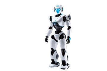 a high quality stock photograph of a single ai robot full body isolated on a white background