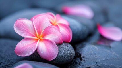 Fototapeta na wymiar Frangipani flower on black spa stones, exotic relaxation, tropical health resort, self care concept, copy space for text.