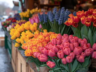Flower market: many bright spring beautiful flowers