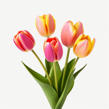 Five yellow and pink tulips in a bouquet on a white background