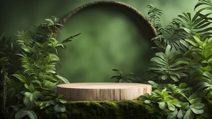 Empty product podium in tropical forest with tropical leaves for product presentation and green background.

