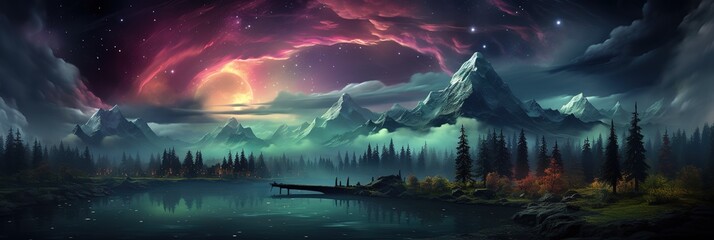 colorful scene at the edge of a winter landscape, in the style of the stars, digital illustration, festive atmosphere, smokey background, dark teal and light crimson, rtx on, aurorapunk - obrazy, fototapety, plakaty