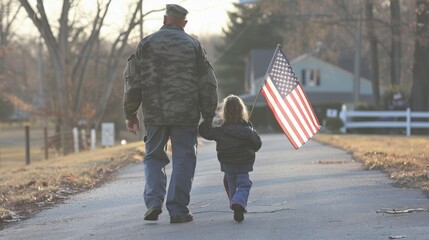 A soldier in camouflage uniform and a child march together, the child holding a waving US flag.