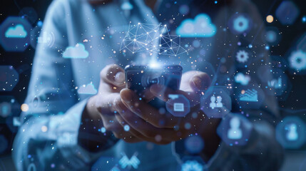 A person's hands holding a smartphone with a holographic digital lock and network connectivity icons surrounding it, depicting data security and digital encryption.