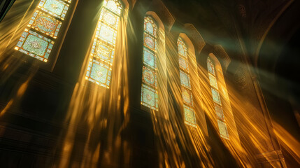 Sunbeams filtering through ornate windows in a mosque, creating a mystical and serene ambiance - obrazy, fototapety, plakaty