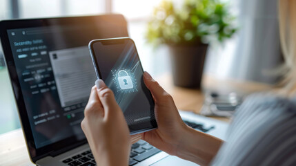 A person's hand is interacting with a smartphone displaying a cybersecurity lock graphic, with a laptop screen visible in the background. - obrazy, fototapety, plakaty