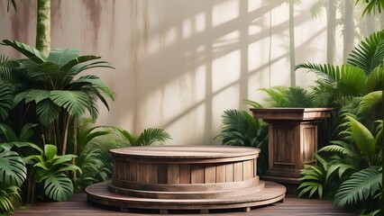 Empty product podium in tropical forest with tropical leaves for product presentation and bright, pastel background.	
