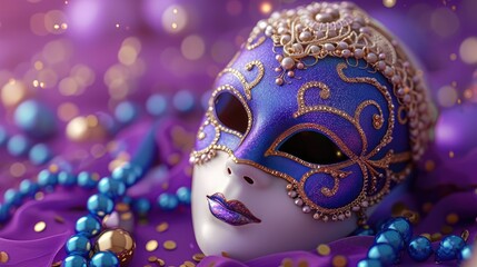 Mardi Gras Mask Elegance, ornate Mardi Gras mask adorned with beads and pearls rests on a purple silk background, embodying the spirit of carnival