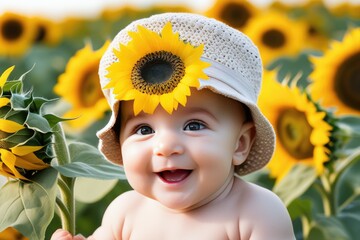 A high quality stock photograph of a single cute happy baby with sunflowers