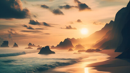 Tranquil Coastal Sunrise: Soft Sands, Gentle Waves, and Silhouetted Serenity