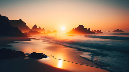 Tranquil Coastal Sunrise: Soft Sands, Gentle Waves, and Silhouetted Serenity