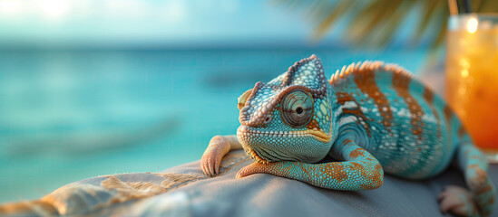 Cute blue chameleon chilling on the tropical palm beach near the ocean coast