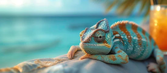 Foto op Canvas Cute blue chameleon chilling on the tropical palm beach near the ocean coast © lena.livaya