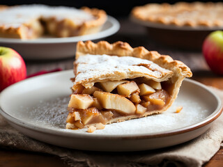 A slice of apple pie. Flaky crust, diced apples piled high inside, covered in sugar and cinnamon, then baked.