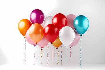 Vibrant birthday balloons set against a white background in a mockup style, offering generous copy space for customization, captured with the clarity and detail of an HD camera