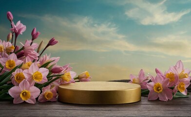 Product podium for product presentation and display with garden summer and spring flowers, with daffodils, floral summer background podium for cosmetic, with nature in the background. Generating AI