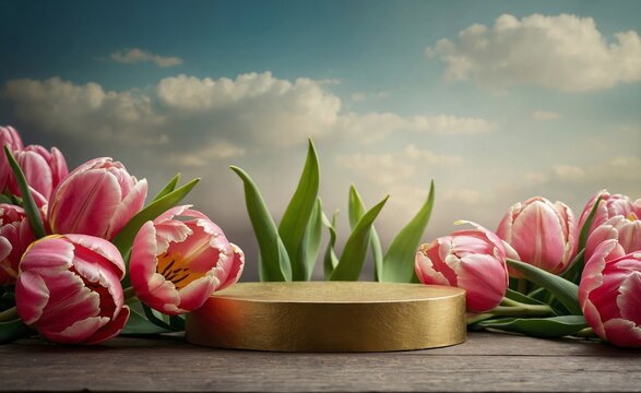 Product podium for product presentation and display with garden summer and spring flowers, tulip, floral summer background podium for cosmetic, with nature in the background. Generating AI