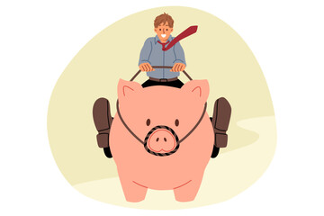 Businessman strives to make money on investments or increase income, sitting astride giant piggy bank. Ambitious man manages capital, receiving benefits from money invested in financial instruments