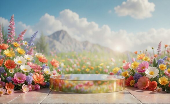 Product podium for product presentation and display with garden summer and spring flowers, floral summer background podium for cosmetic, with nature in the background. Generating AI