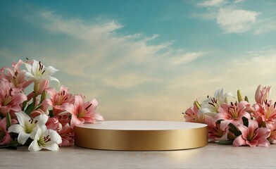 Product podium for product presentation and display with garden summer and spring flowers, lilies, floral summer background podium for cosmetic, with nature in the background. Generating AI - obrazy, fototapety, plakaty