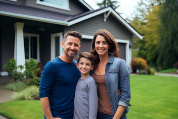 Family in front of newly purchased house, smiling proudly. Home ownership, real estate and a life goal accomplishment