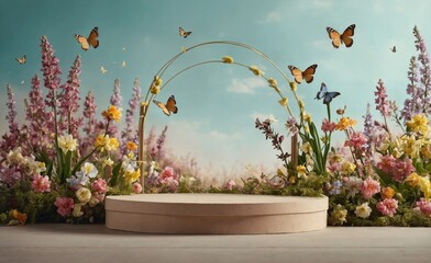 Product podium for product presentation and display with garden summer and spring flowers, floral summer background podium for cosmetic, with nature in the background. Generating AI  - obrazy, fototapety, plakaty