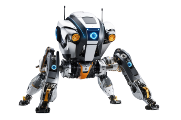 a high quality stock photograph of a single jumping ai robot full body isolated on a white background