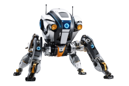 a high quality stock photograph of a single jumping ai robot full body isolated on a white background
