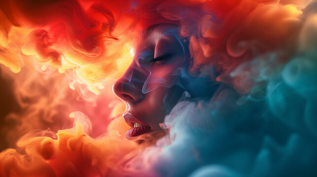 Woman's face blending with vibrant smoke-like colors.