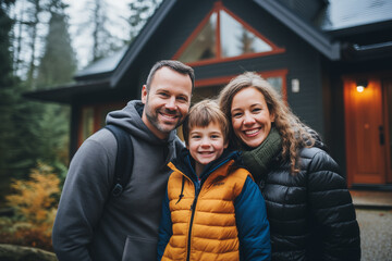 Family in front of newly purchased house, smiling proudly. Home ownership, real estate and a life goal accomplishment. Modern new house with garden. - obrazy, fototapety, plakaty