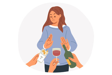 Woman gives up bad habits and makes stop gesture, rejecting offer to smoke or drink alcohol. Young casual girl overcome addiction and no bad habits near hands with cigarettes or wine