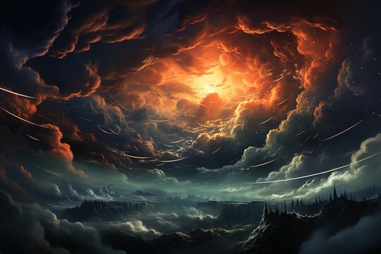dark blue clouds nastia rain storm lightning clouds, in the style of mysterious backdrops, detailed backgrounds