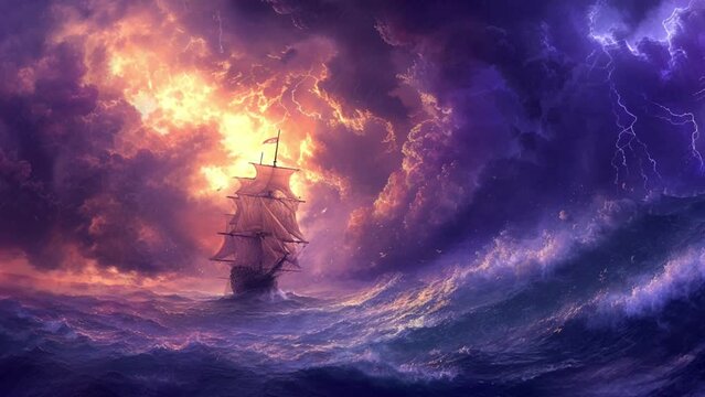 A pirate ship battles the raging storm, its sails billowing against the howling winds, Seamless looping 4k video background animation