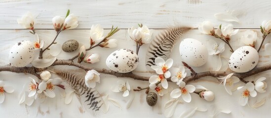 Fototapeta na wymiar A tree branch with white eggs, delicate spring flowers, and quail feathers arranged on a white wooden background, creating an Easter-themed greeting card.