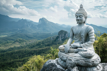A serene Buddha statue atop a mountain overlooks a lush forest under a cloudy sky
