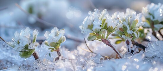 Close up view of low-growing plants covered in snow, creating a soft and blurry effect due to freezing rain.