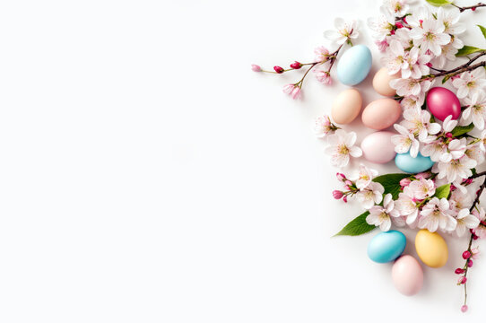 Happy Easter. Colorful Easter eggs with cherry blossom branches on a white background. Flat lay, copy space. Greeting card or banner