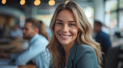 Confident Businesswoman in Office Setting, young, confident businesswoman with a beaming smile sits in an office environment, blurred colleagues in the background emphasize her focus