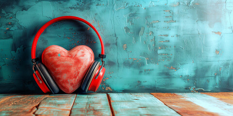 Red heart with headphones, world music day, listening to global sound and acoustic wave, love and emotion
 - obrazy, fototapety, plakaty