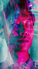 Futuristic Portrait of Person with Digital Overlays and Glitch Effects