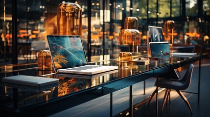 desks and screens in a modern office setting, in the style of dark sky-blue and light amber, high quality photo, miscellaneous academia, glassy translucence, cabincore, detail-oriented - obrazy, fototapety, plakaty