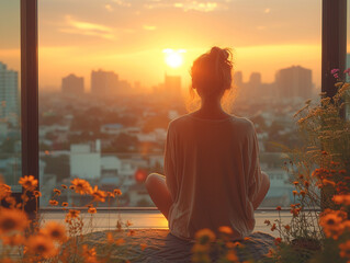 A girl watches the sunrise sitting by the window, rear view