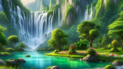 Majestic Cascade: Lush Waterfall, Green Cliffs, and Vibrant Blooms