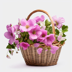 Wicker basket with beautiful lilac flowers on white background