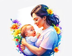 Obraz na płótnie Canvas Illustration Of a Mother Holding Baby In Arms Happy Mothers Day Greeting Card background image