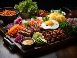 dinner at BBQ photo 5 cuisine, in the style of light sky-blue and light pink, 32k uhd, multilayered, cottagecore, fawncore, melting pots, khmer art