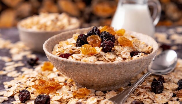 Generated image of muesli with oat flakes and raisin, a healthy balanced food