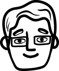 Character smiling man different age and ethnicity. Young with glasses, diverse. Vector outline illustration, linear, thin line, hand drawn sketch, doodle 